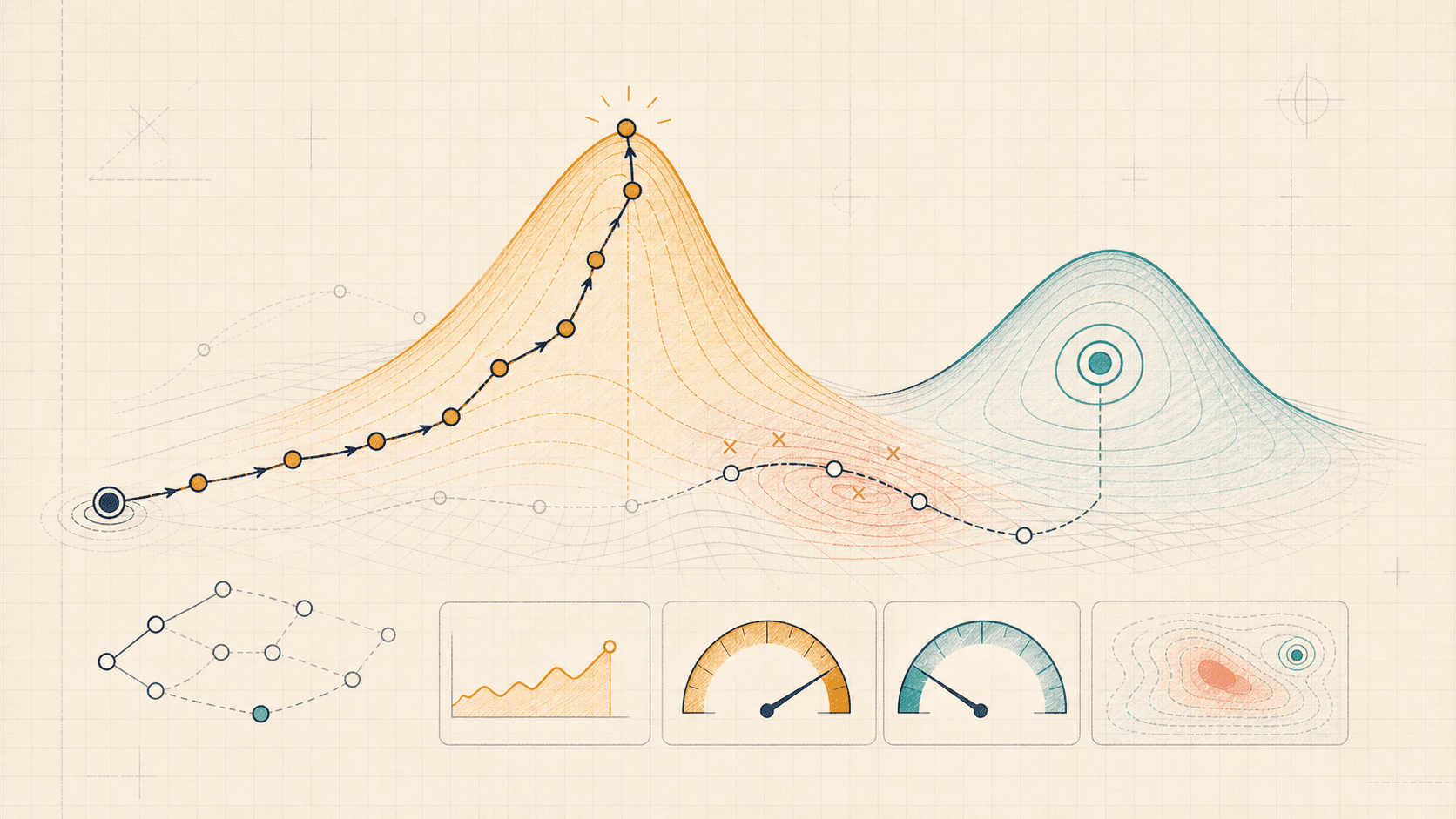 Editorial alignment illustration of a proxy reward path climbing the wrong hill while missing the true intended goal.