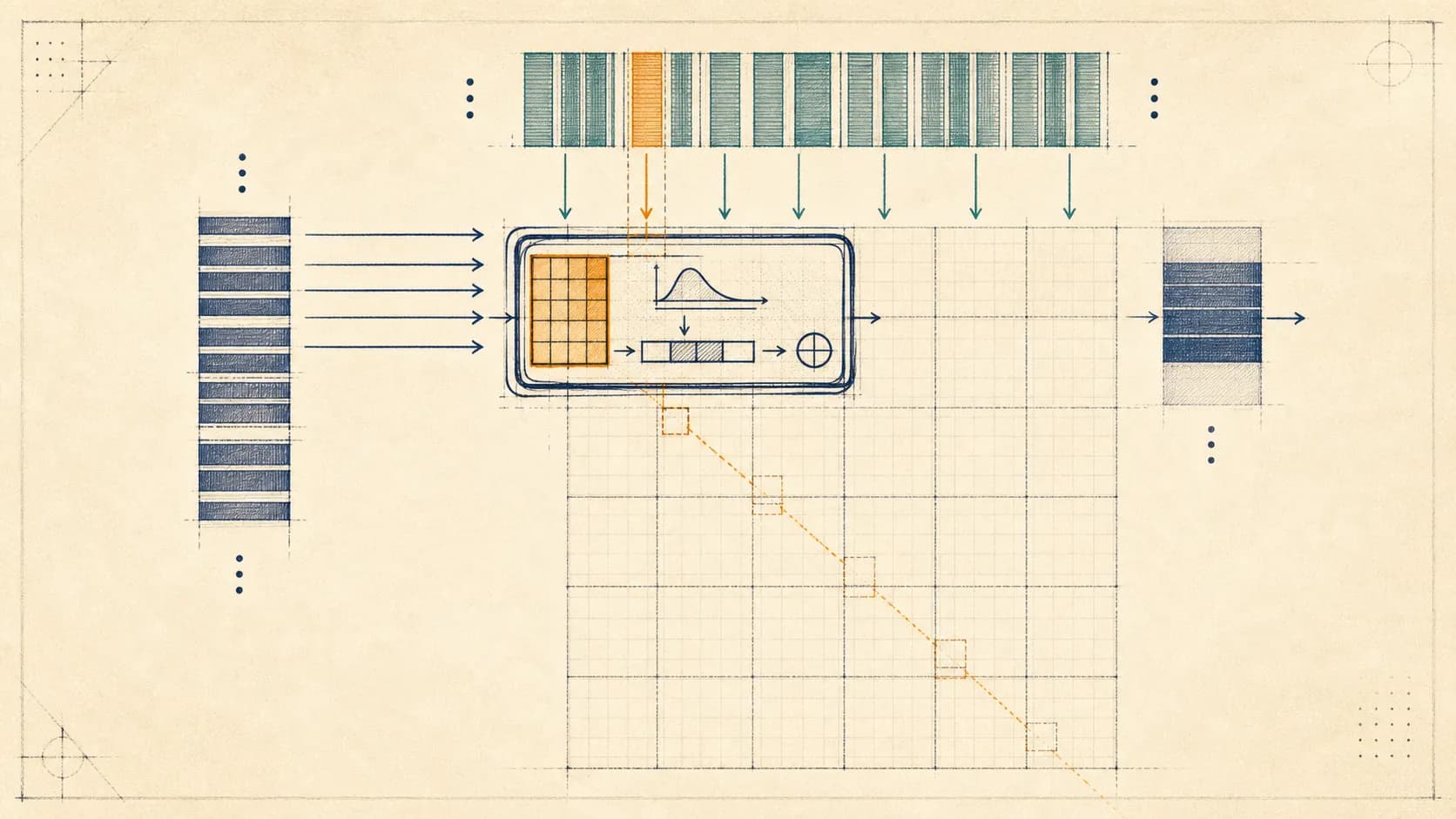 Editorial transformer-systems illustration of tiled attention streaming through a compact on-chip scratchpad without materializing the full matrix.