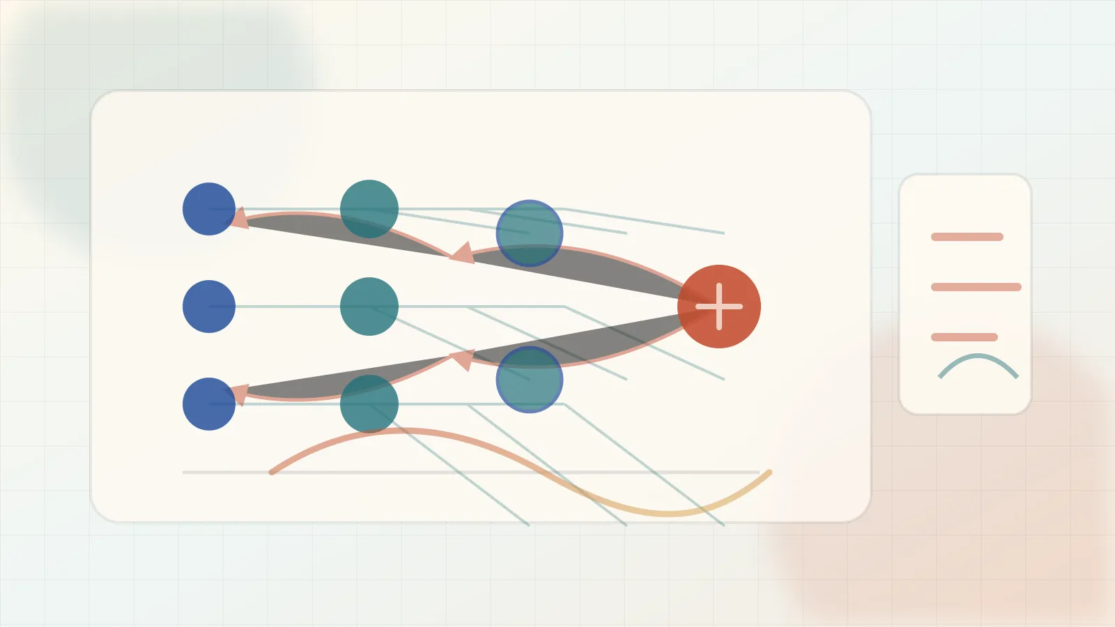 Editorial neural-network illustration of activations flowing forward and error signals propagating backward through layers.