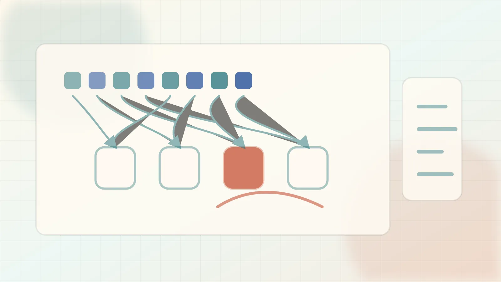Editorial efficiency illustration of tokens routed sparsely into expert blocks with load imbalance and routing paths.