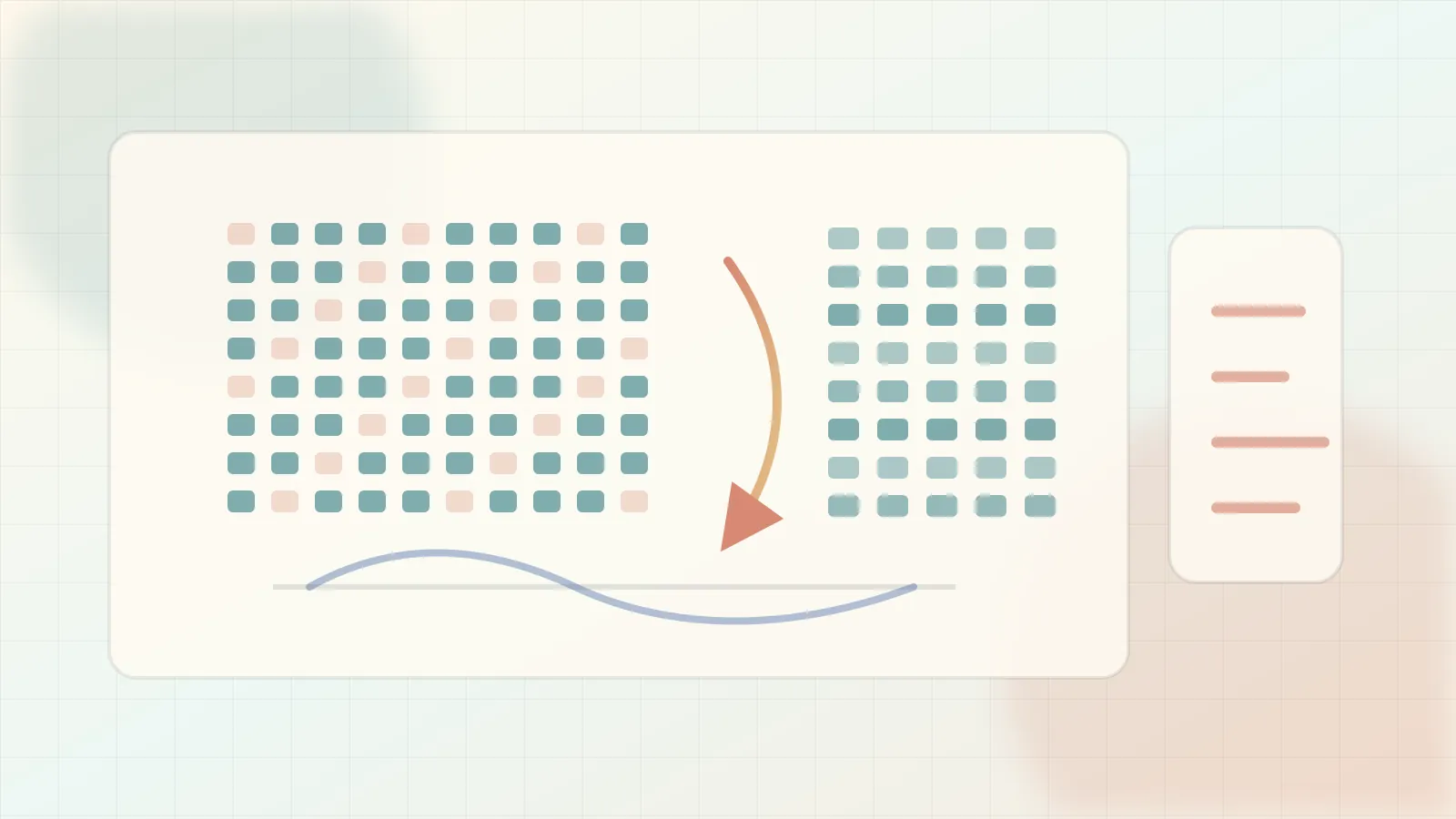 Editorial efficiency illustration of a dense weight grid being pruned into a smaller sparse structure.