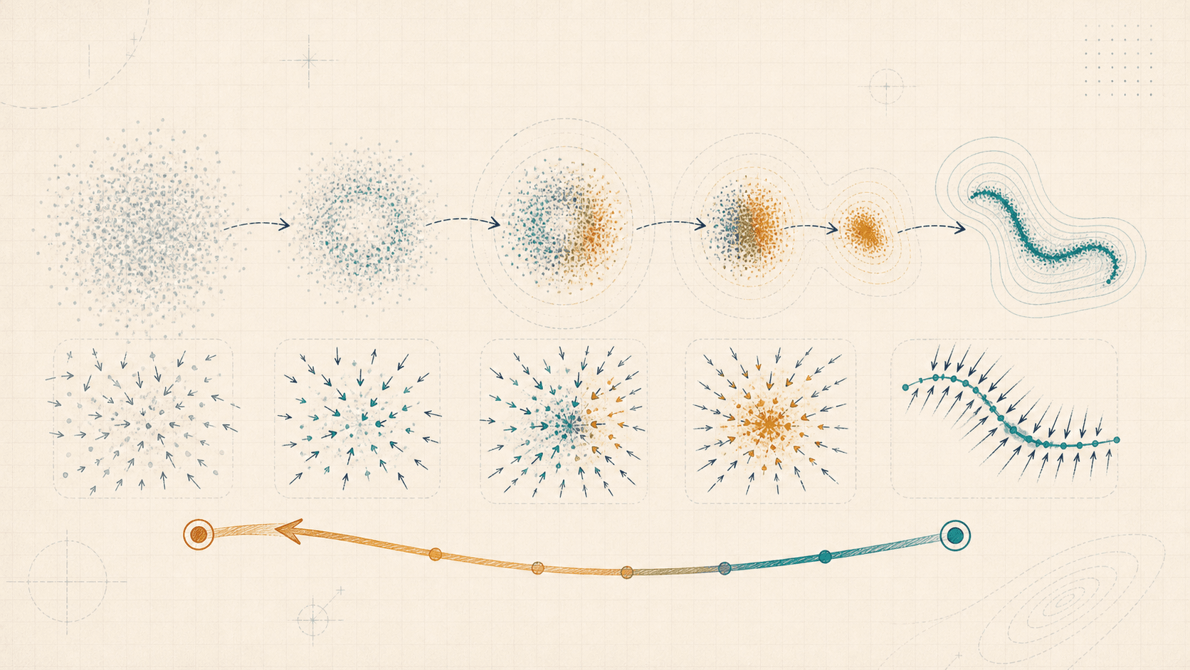 Editorial generative-model illustration of noisy samples following a reverse denoising trajectory toward a structured data manifold.