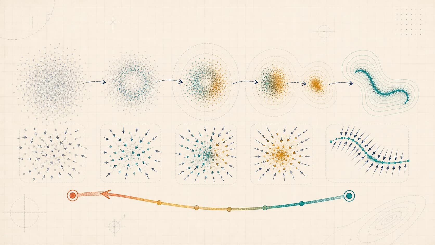 Editorial generative-model illustration of noisy samples following a reverse denoising trajectory toward a structured data manifold.
