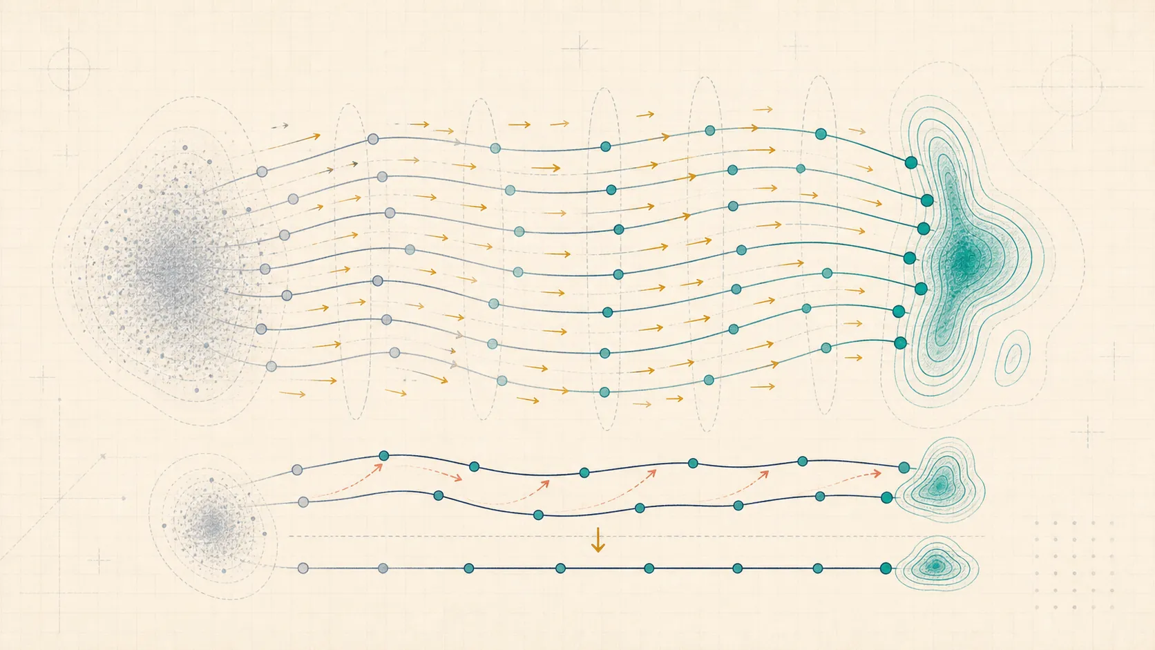 Editorial generative-model illustration of particles transported by a learned velocity field from noise into a target distribution.