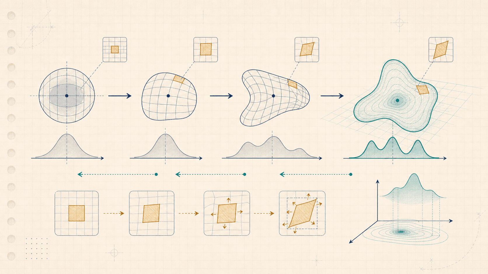 Editorial generative-model illustration of an invertible grid warp with local volume-correction patches.