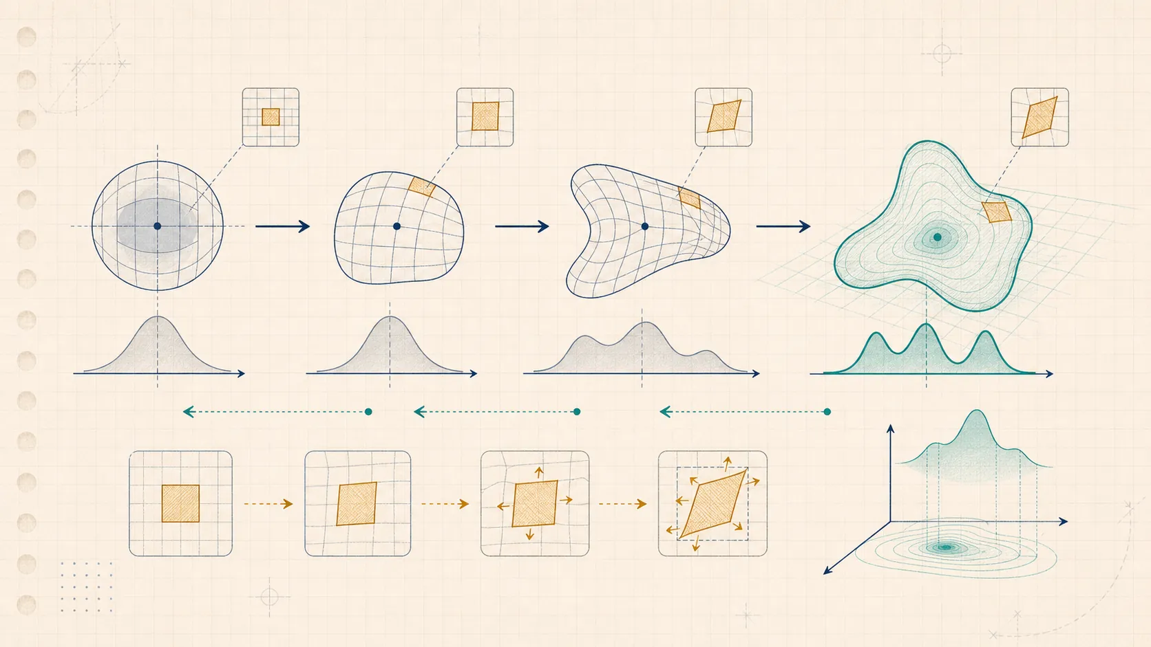 Editorial generative-model illustration of an invertible grid warp with local volume-correction patches.