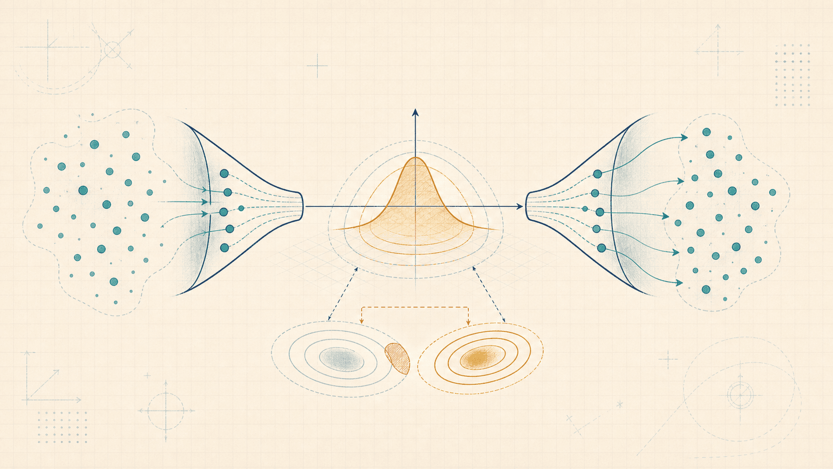 Editorial generative-model illustration of data encoded into a latent distribution and decoded back into reconstructed samples.