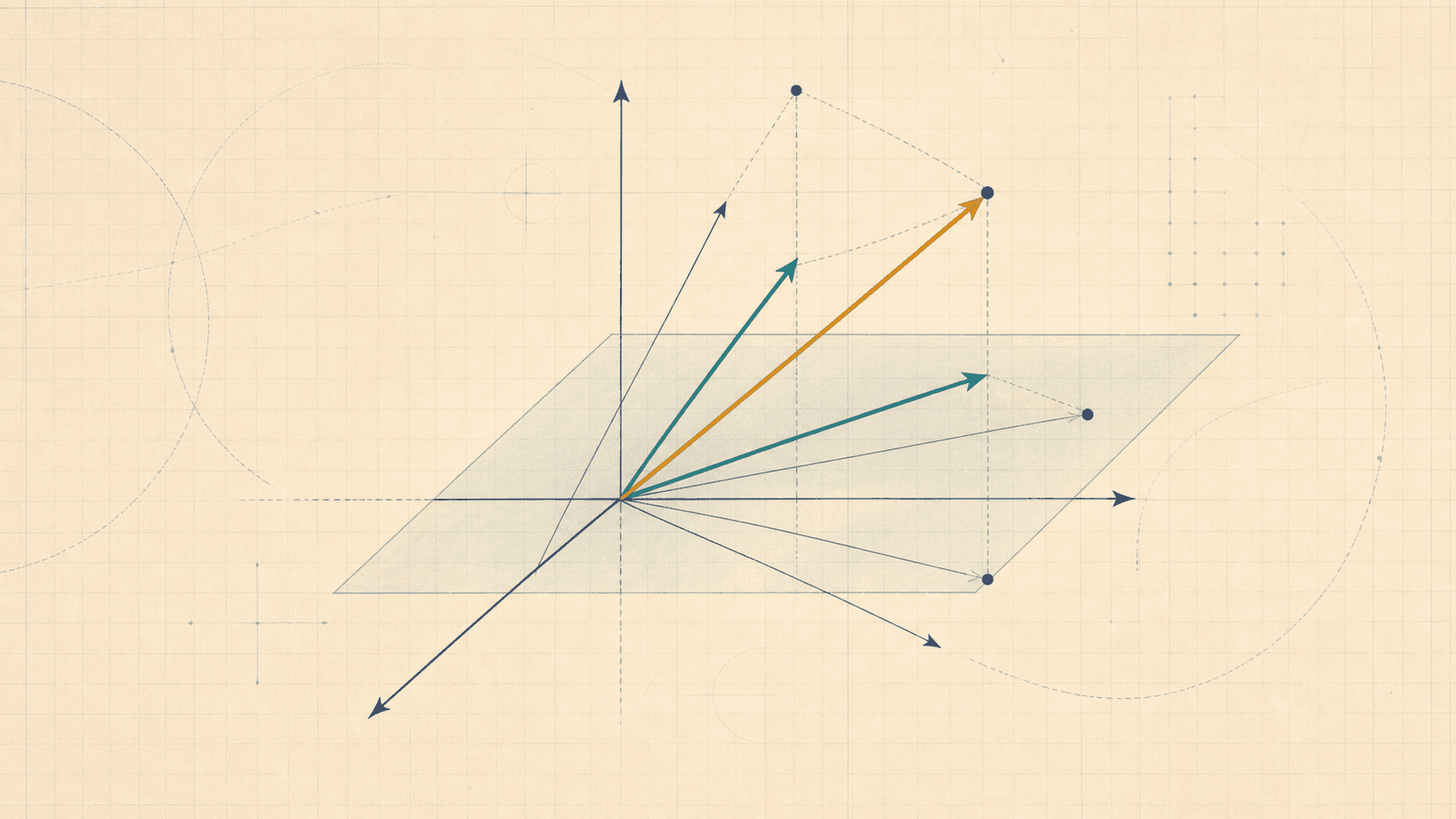 Editorial mathematical illustration of basis vectors spanning a translucent vector-space sheet.