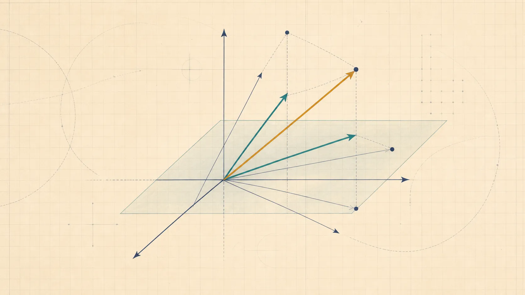 Editorial mathematical illustration of basis vectors spanning a translucent vector-space sheet.