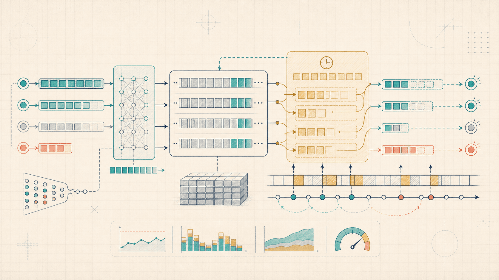 Editorial systems illustration of prefill, KV cache shelves, continuous batching lanes, and decode token streams.