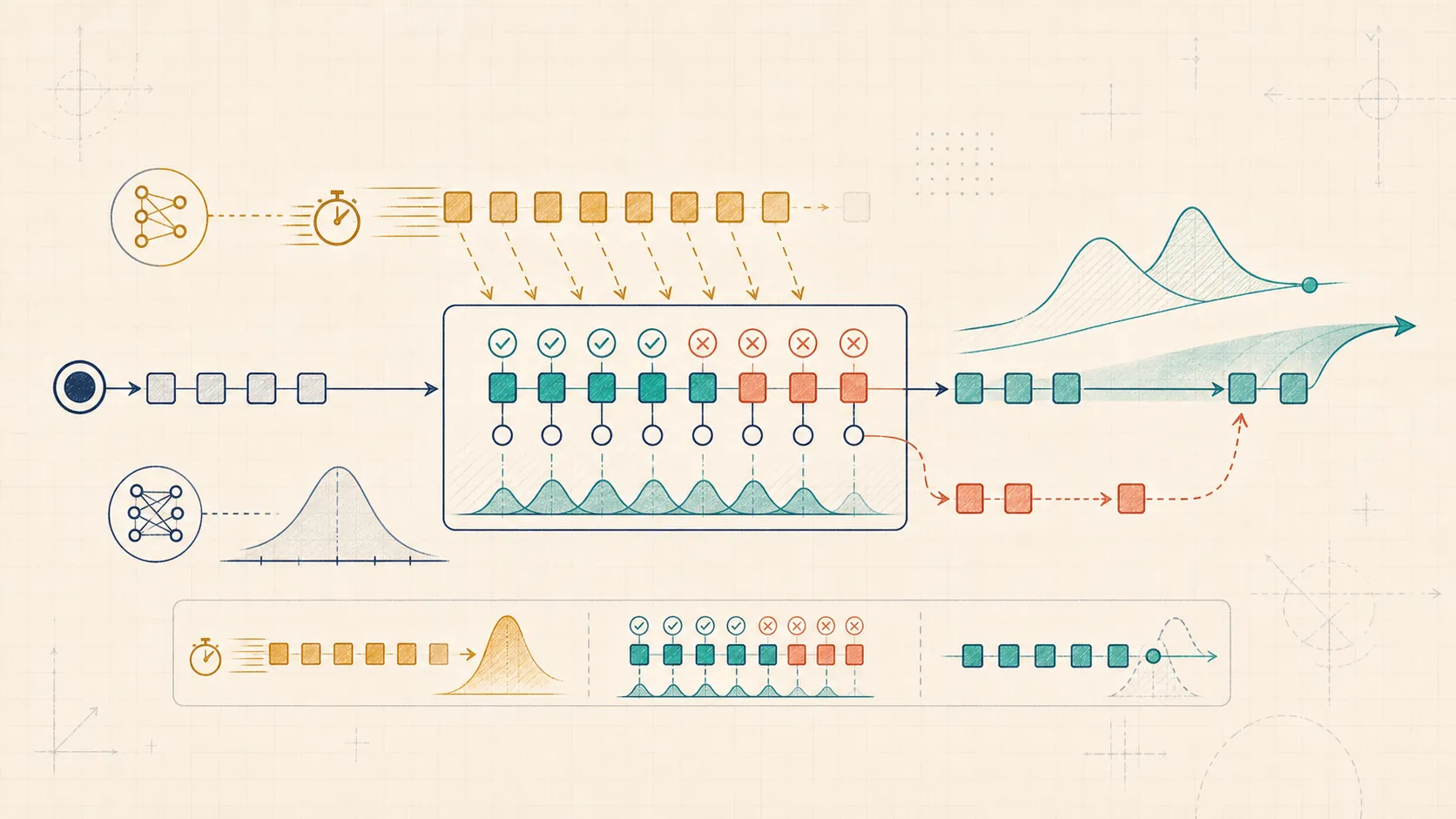 Editorial systems illustration of draft tokens passing through verifier gates with accepted and rejected branches.