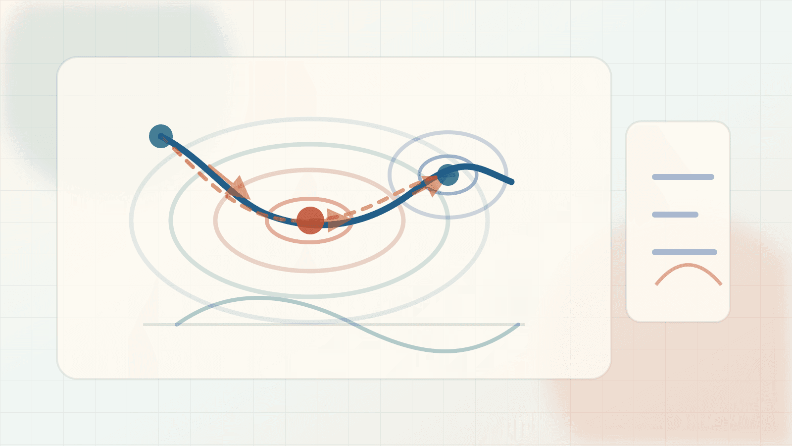 Editorial optimization illustration of contour loss basins, sharp and flat minima, and descent trajectories.