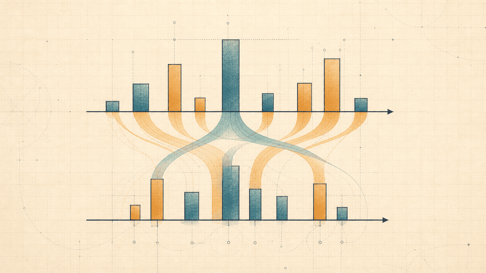 Editorial probability illustration comparing two categorical distributions with mismatch ribbons.