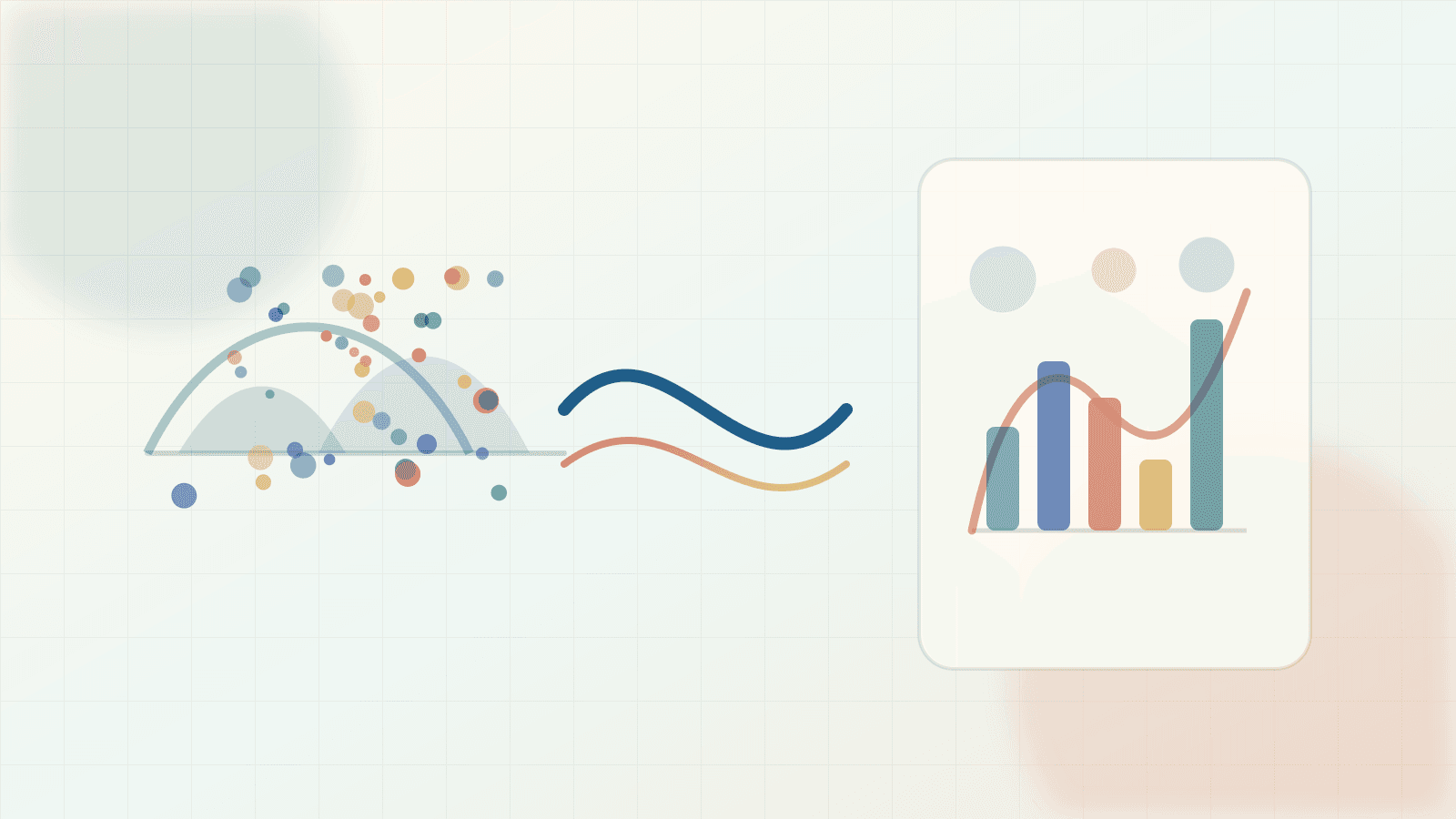 Editorial probability illustration of probability mass pushed through a random variable into PMF bars and density curves.