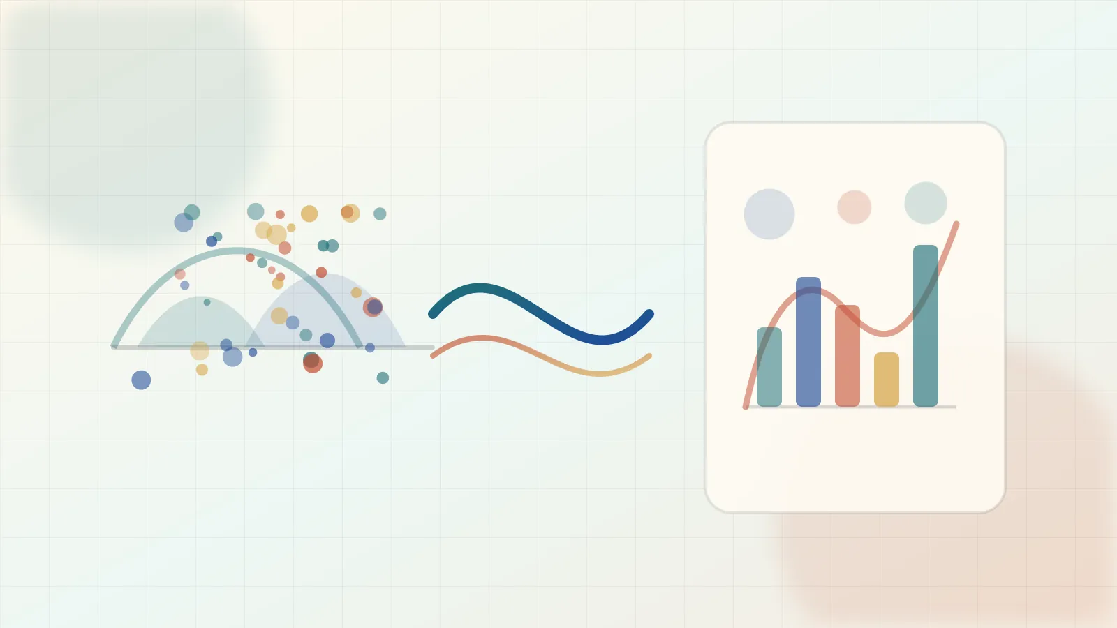 Editorial probability illustration of probability mass pushed through a random variable into PMF bars and density curves.