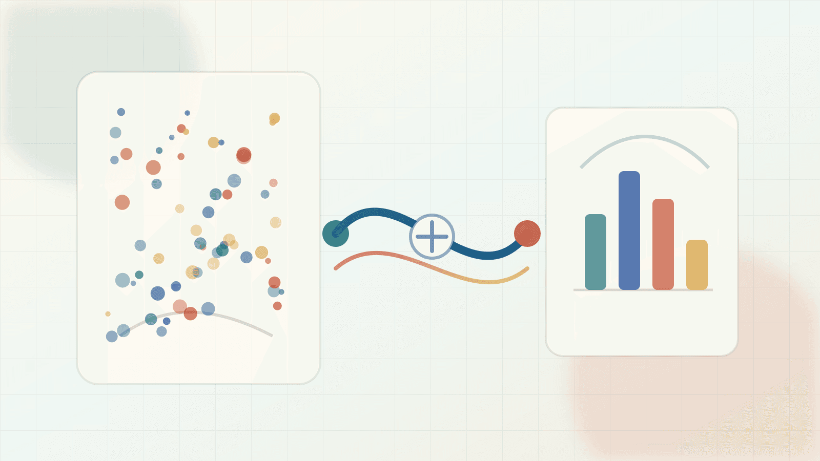 Editorial probability illustration of raw outcomes flowing through a measurement map into a discrete value distribution.