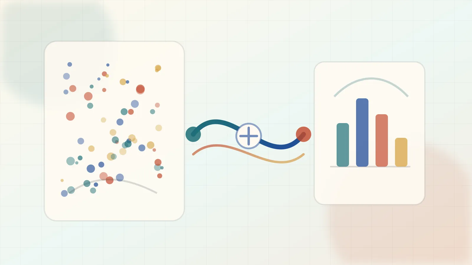 Editorial probability illustration of raw outcomes flowing through a measurement map into a discrete value distribution.