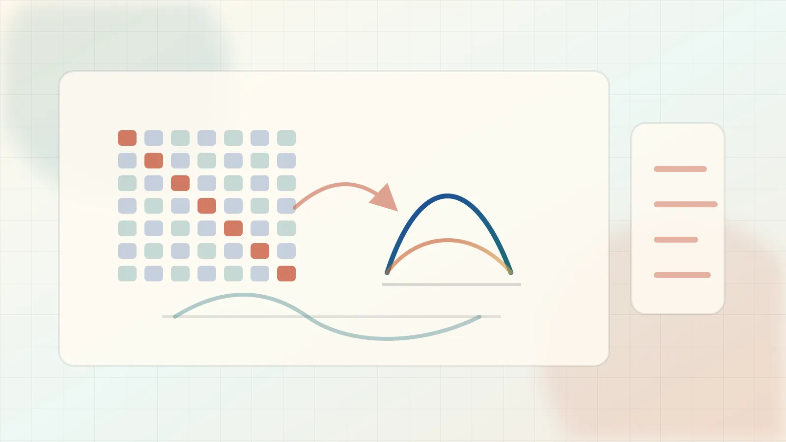 Editorial scaling illustration of a neural tangent kernel matrix, infinite-width curve, and function-space dynamics.