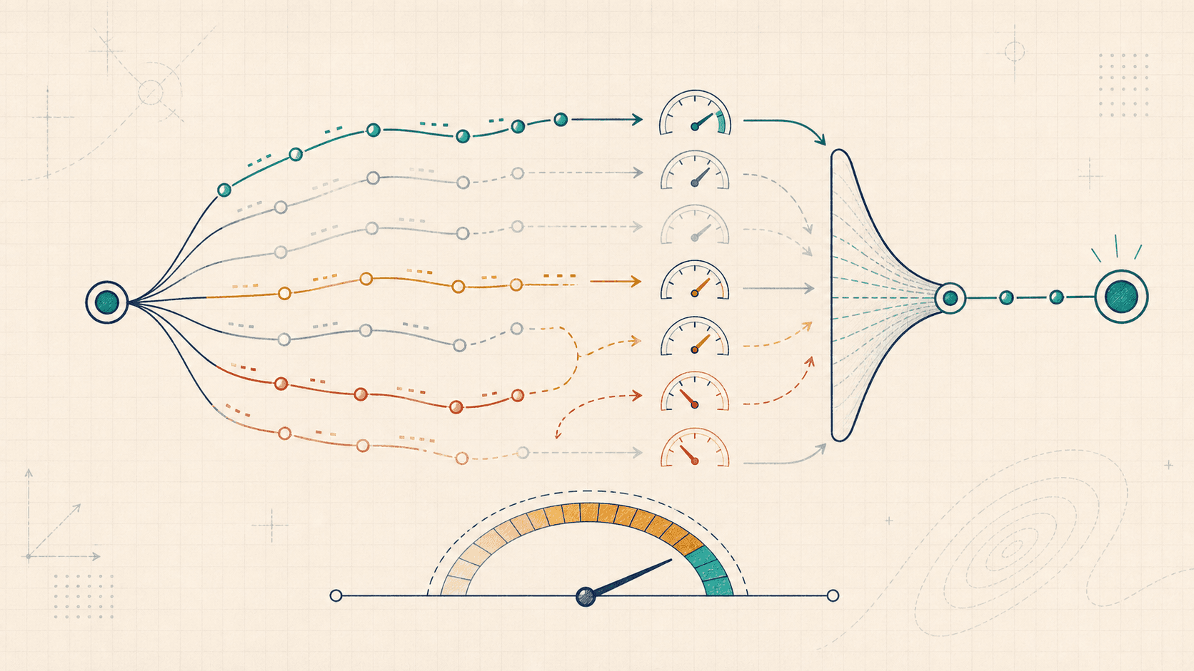 Editorial scaling illustration of branching candidate traces scored by verifier gauges and selected through a budgeted funnel.