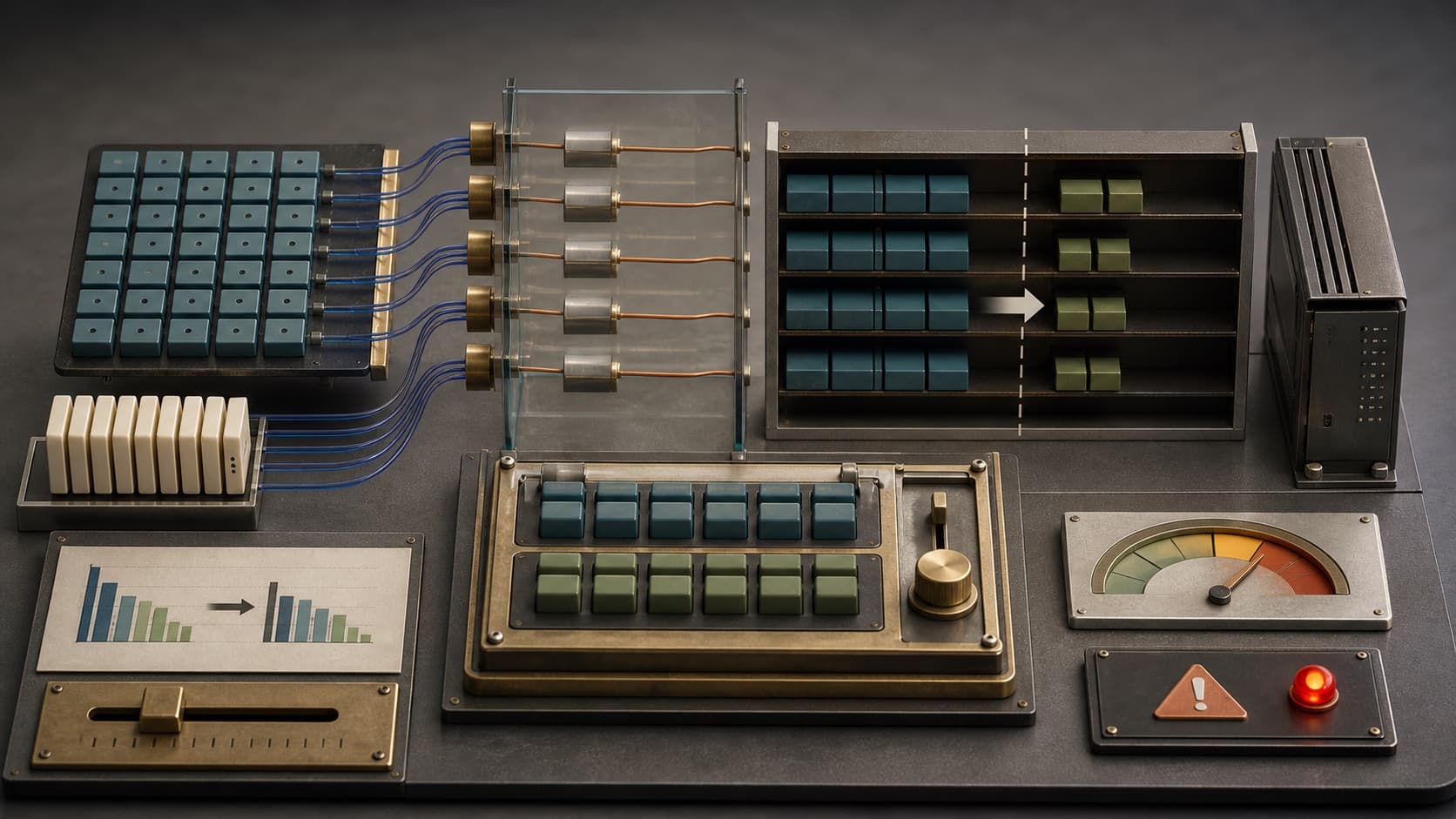 A physical KV memory lab with attention heads feeding a smaller cache.