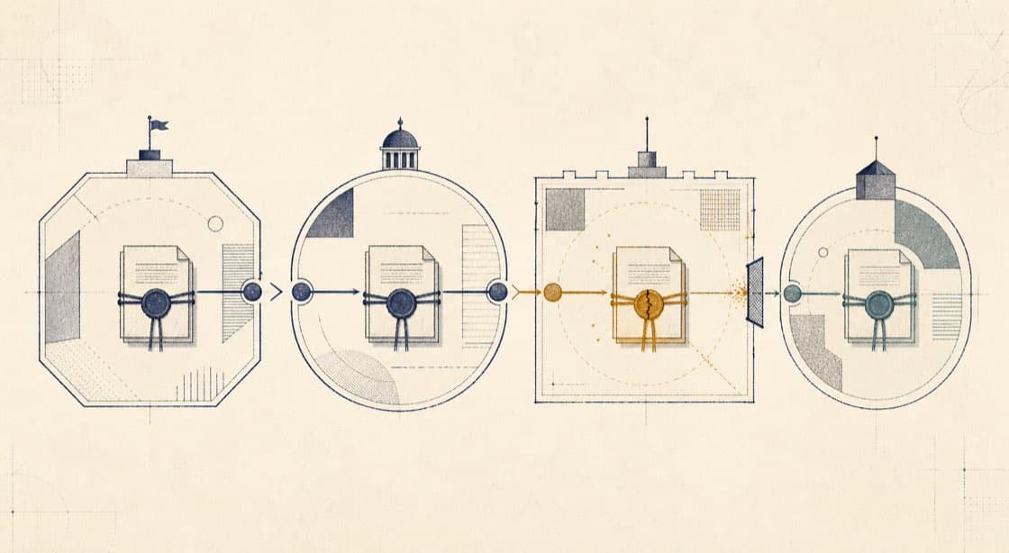 Conceptual illustration of one sealed artifact passing through four separate administrative domains, with one questioned handoff contained at a boundary.