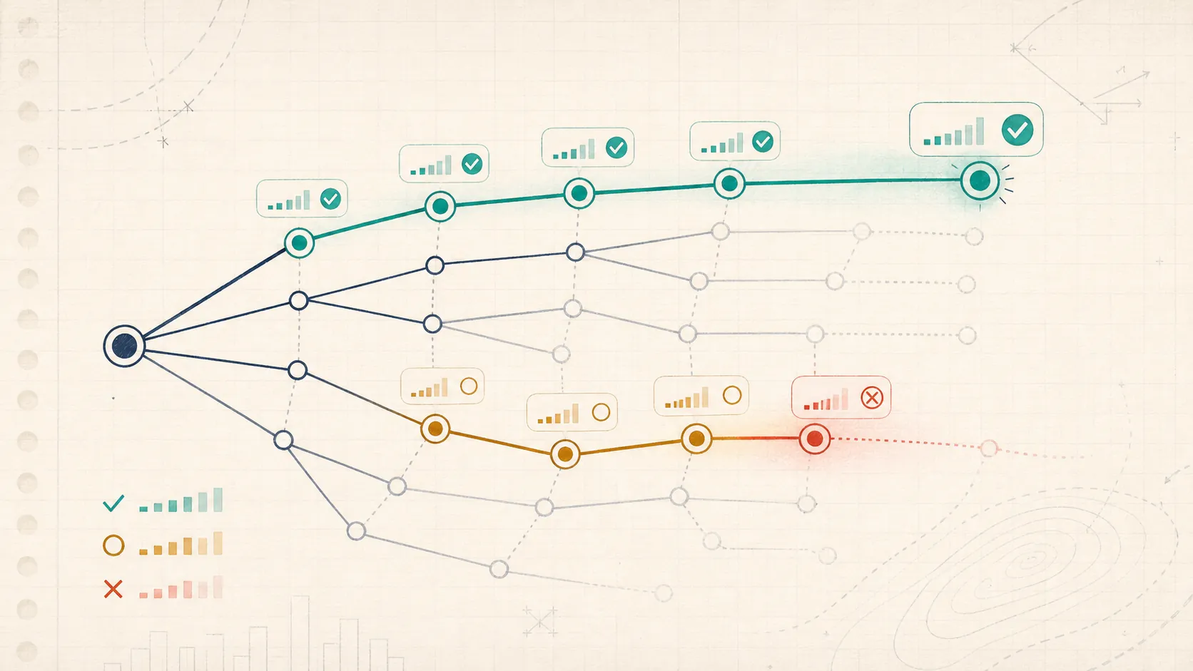 Editorial alignment illustration of a branching reasoning trace with step-level verifier scores and a fading invalid path.