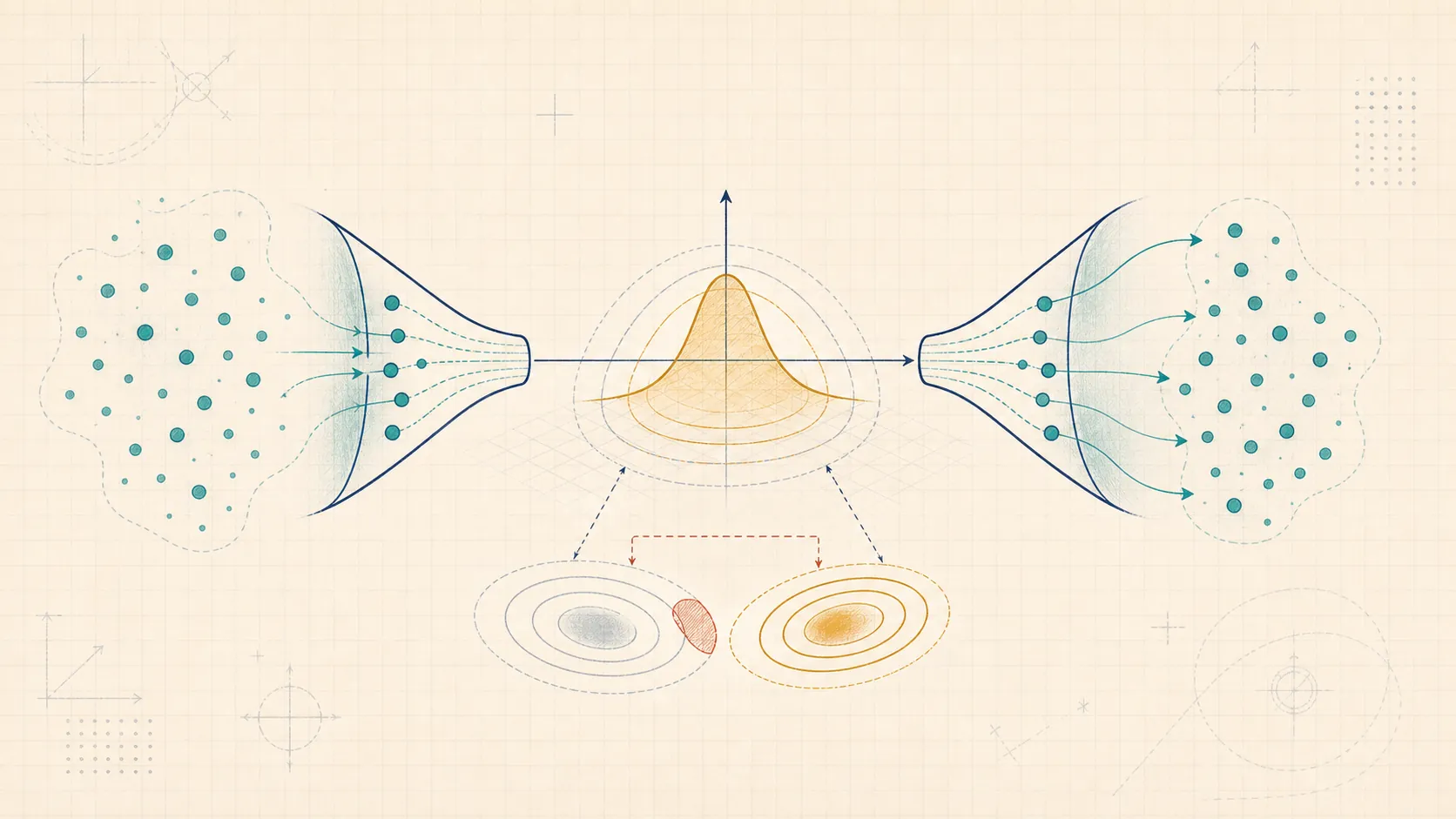Editorial generative-model illustration of data encoded into a latent distribution and decoded back into reconstructed samples.