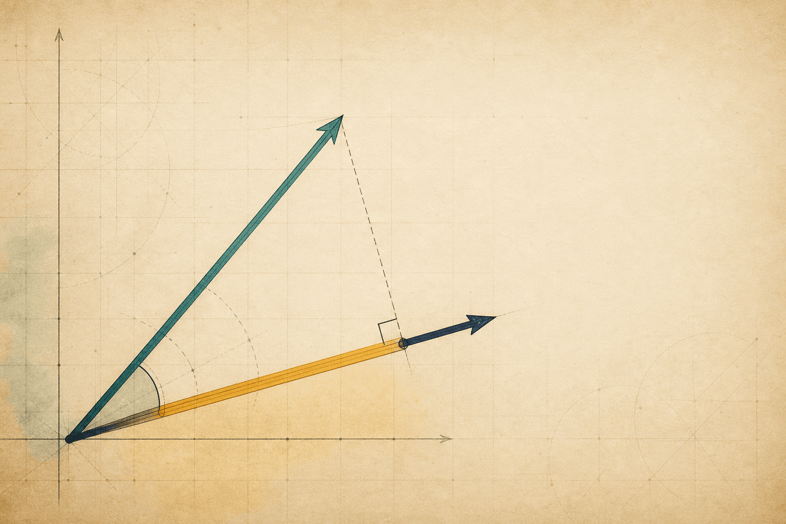 Editorial mathematical illustration of two vectors, their angle, and a projection shadow.