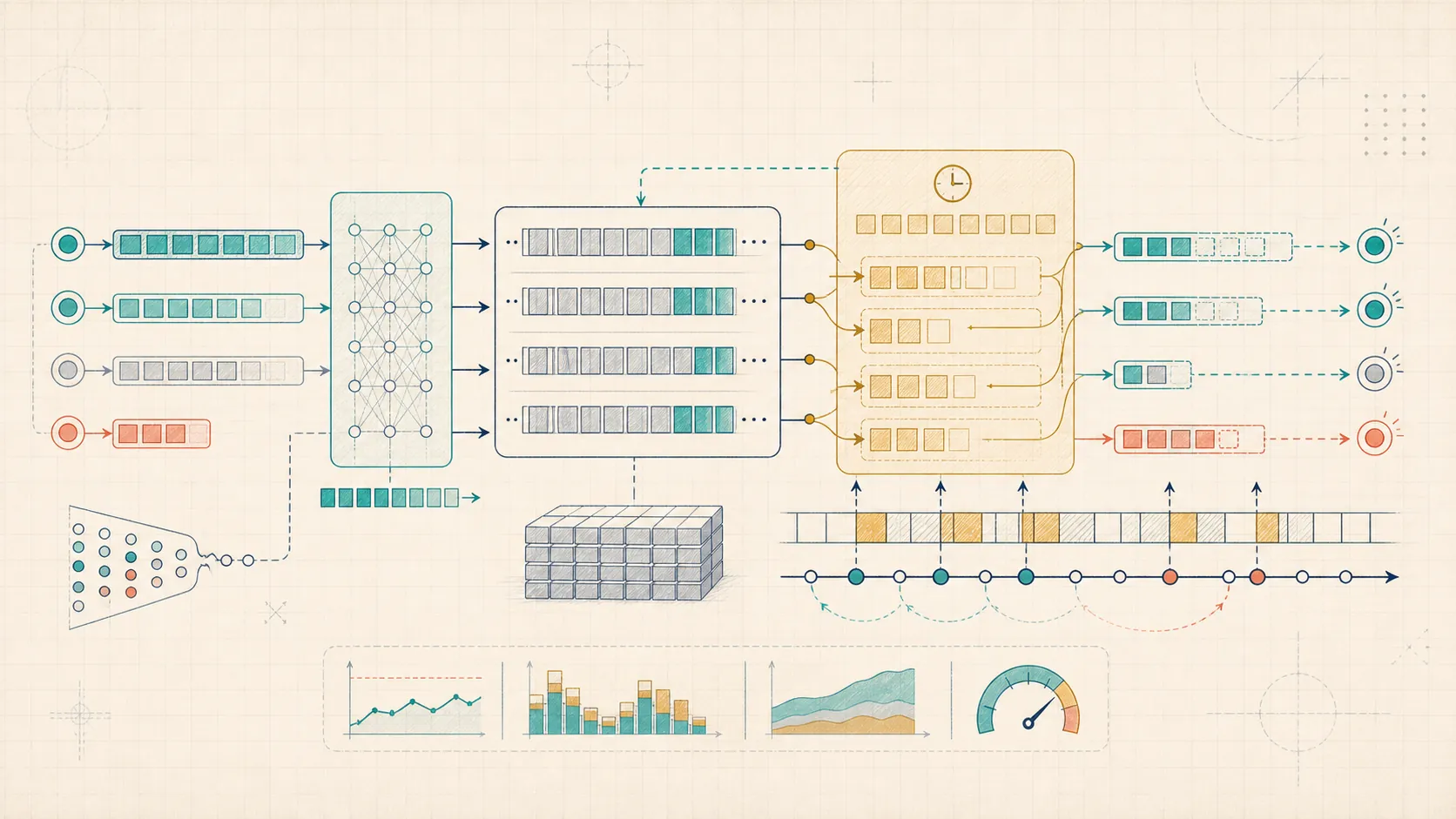 Editorial systems illustration of prefill, KV cache shelves, continuous batching lanes, and decode token streams.