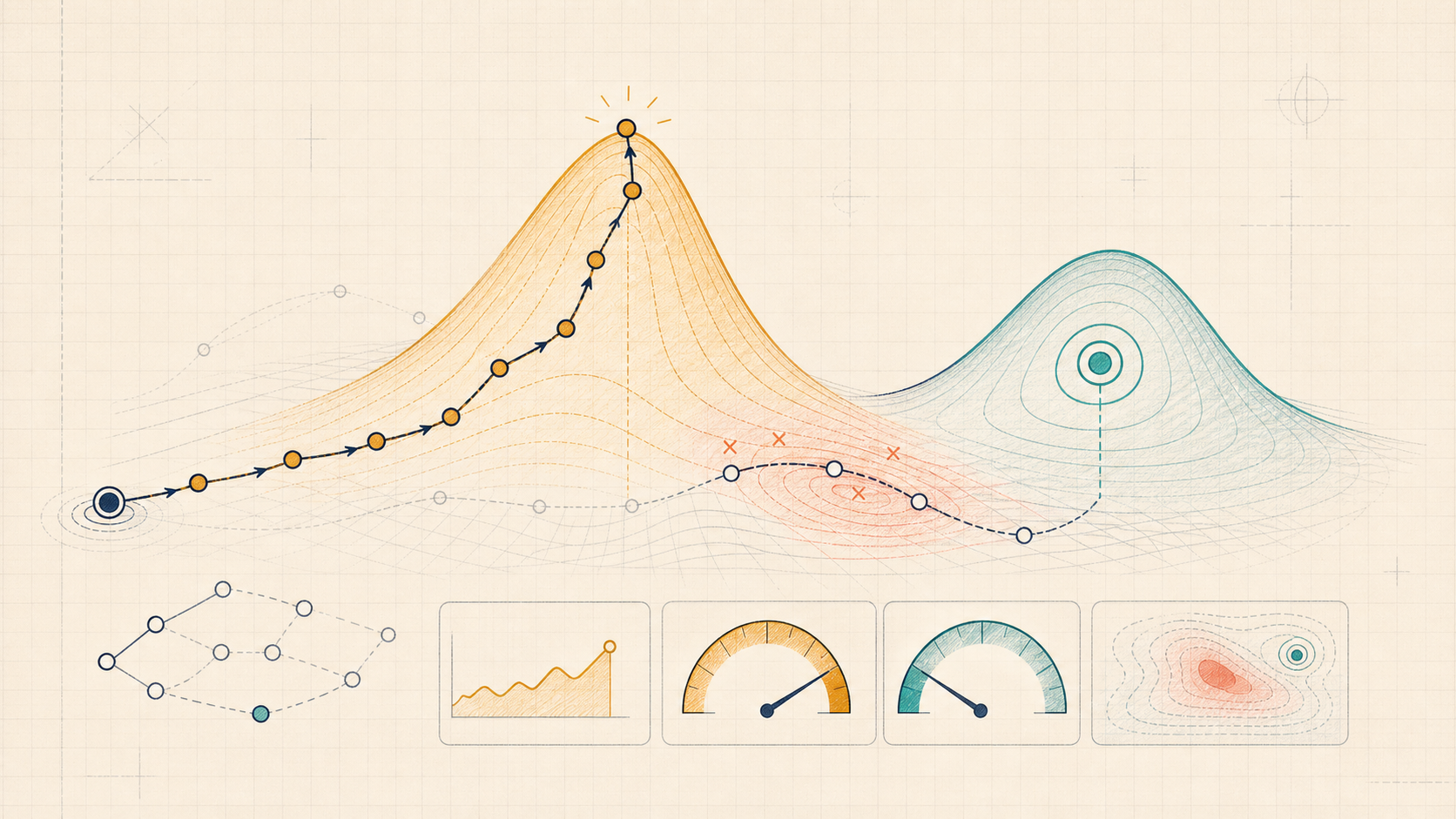 Editorial alignment illustration of a proxy reward path climbing the wrong hill while missing the true intended goal.