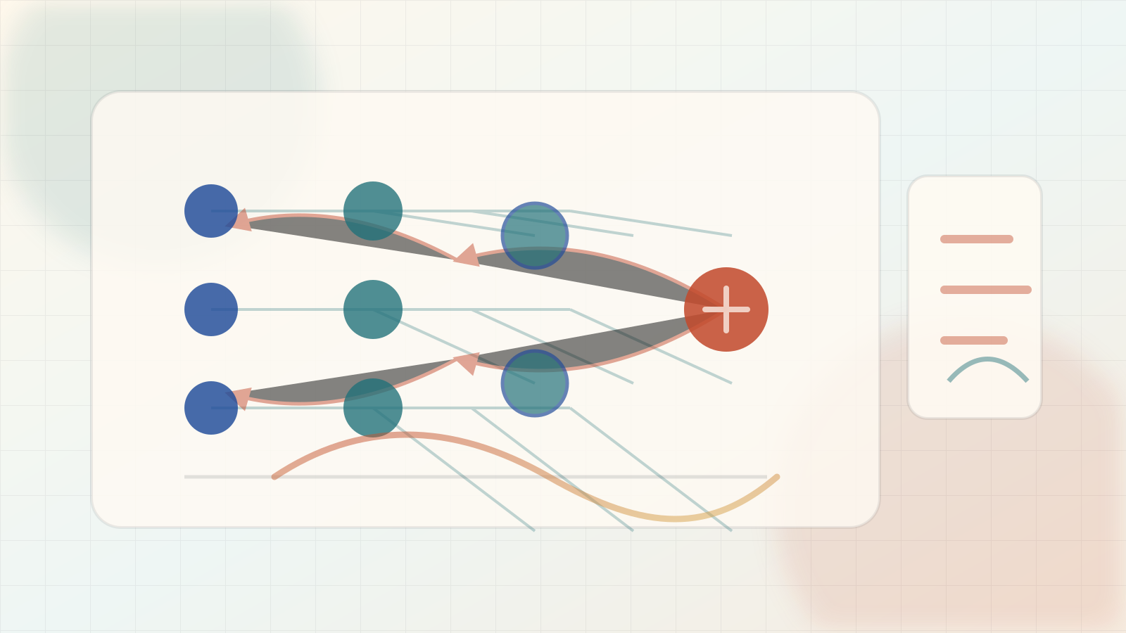 Editorial neural-network illustration of activations flowing forward and error signals propagating backward through layers.