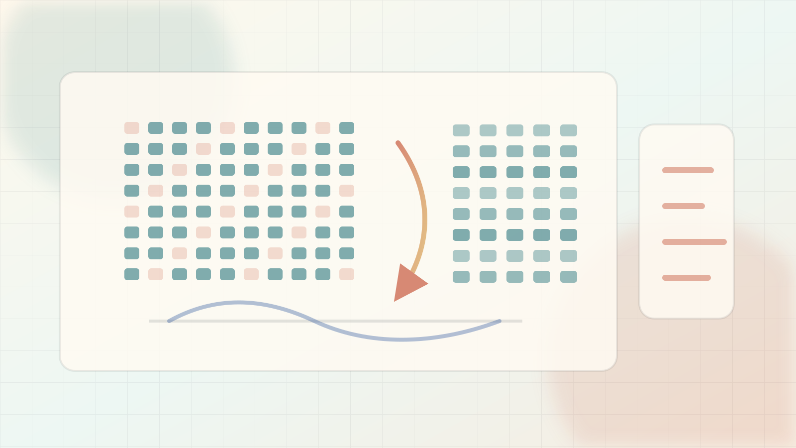 Editorial efficiency illustration of a dense weight grid being pruned into a smaller sparse structure.