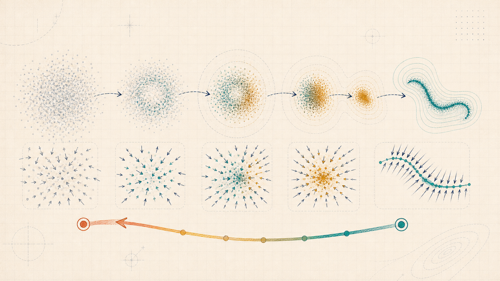 Editorial generative-model illustration of noisy samples following a reverse denoising trajectory toward a structured data manifold.