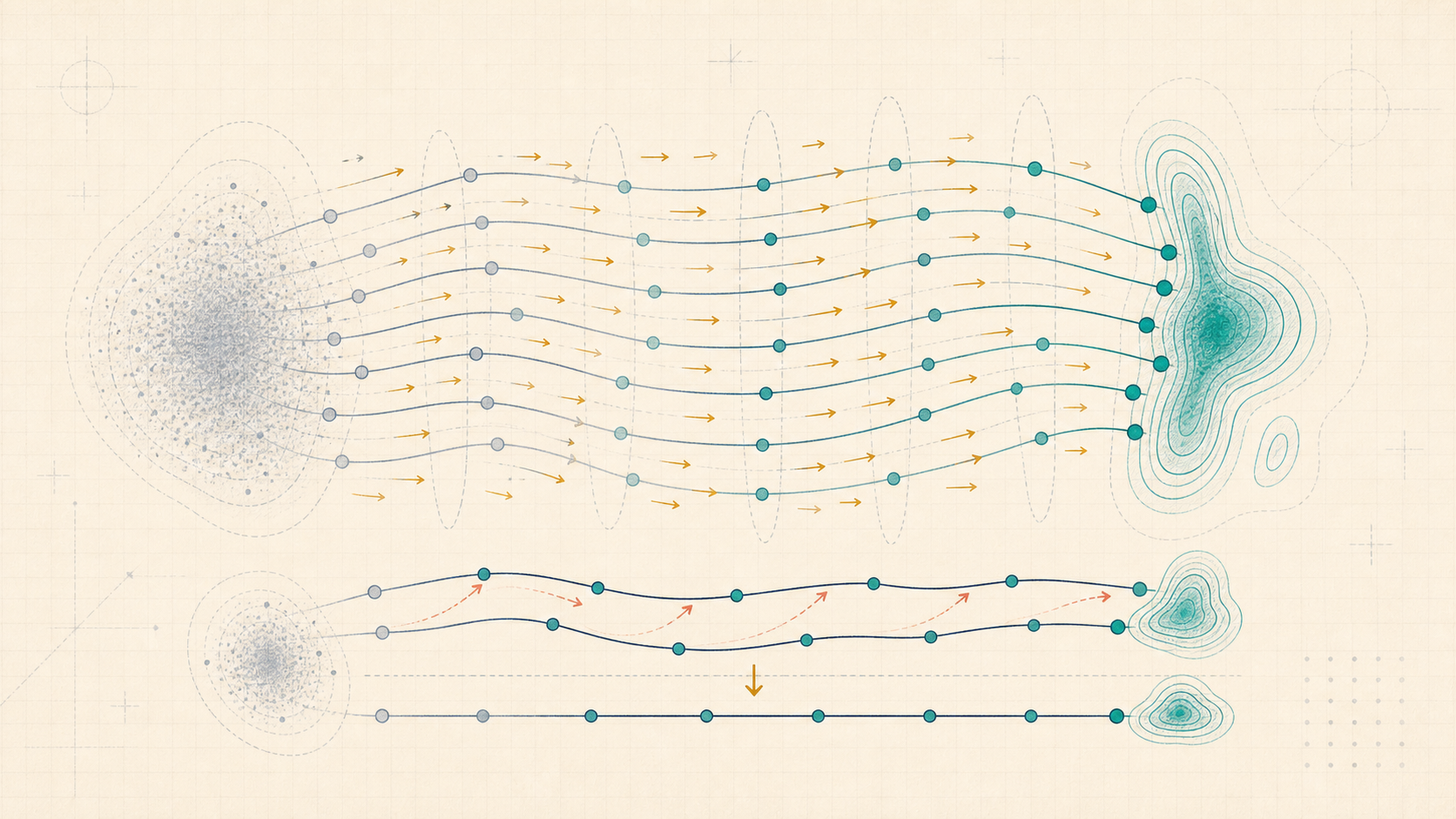 Editorial generative-model illustration of particles transported by a learned velocity field from noise into a target distribution.
