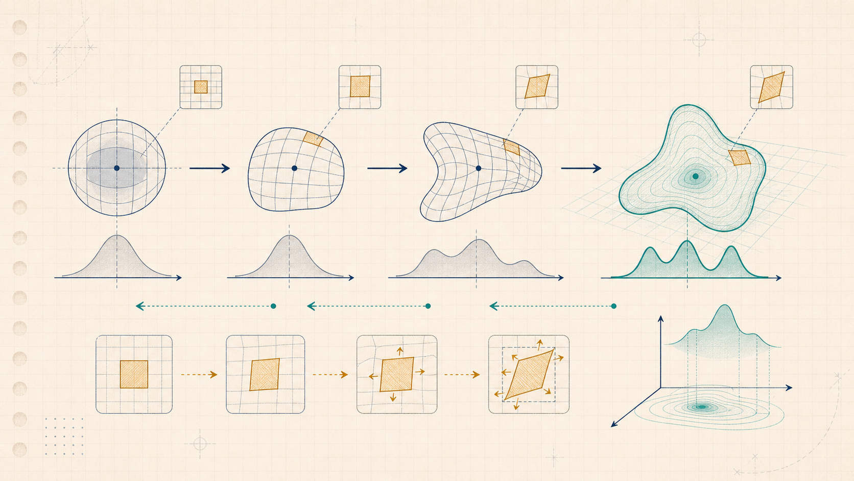 Editorial generative-model illustration of an invertible grid warp with local volume-correction patches.