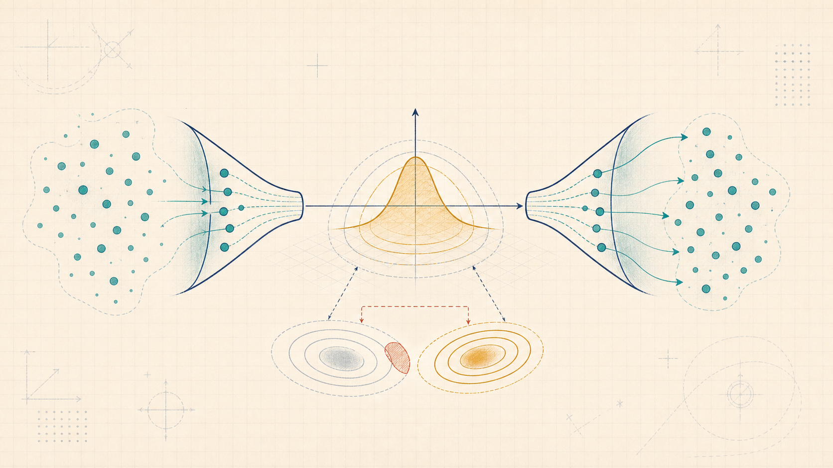 Editorial generative-model illustration of data encoded into a latent distribution and decoded back into reconstructed samples.