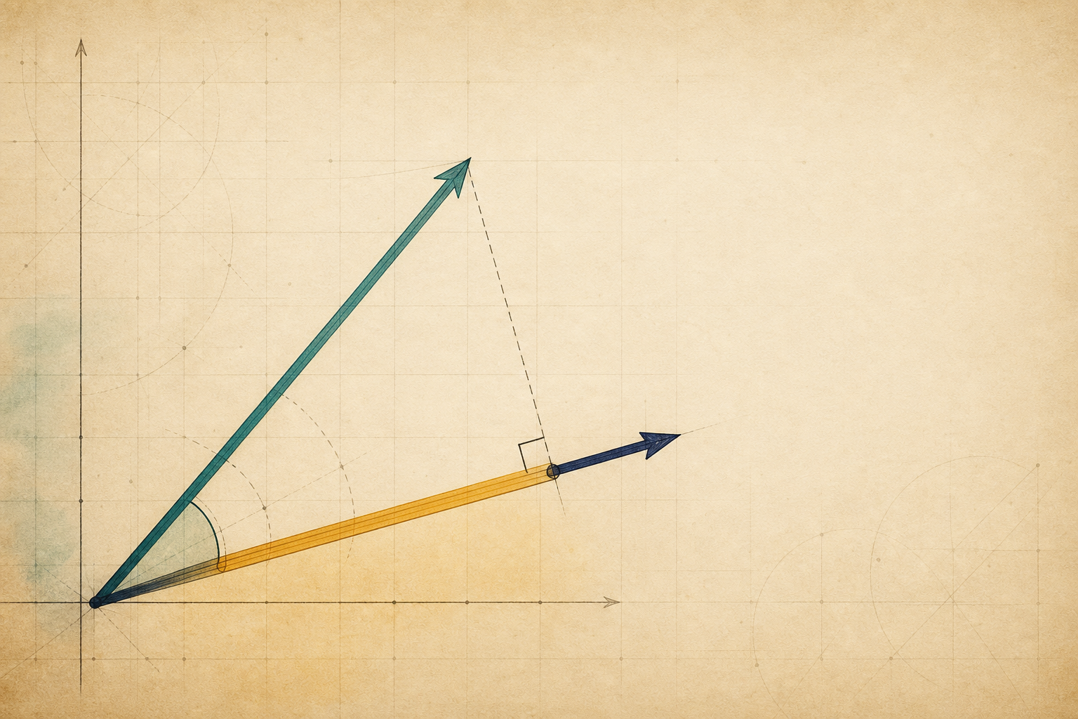 Editorial mathematical illustration of two vectors, their angle, and a projection shadow.