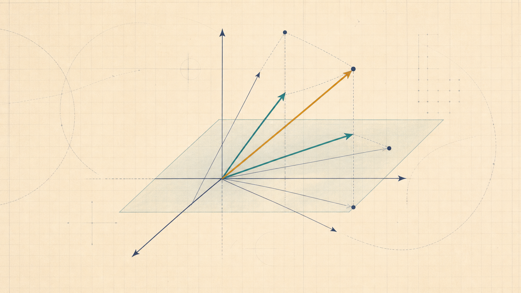 Editorial mathematical illustration of basis vectors spanning a translucent vector-space sheet.