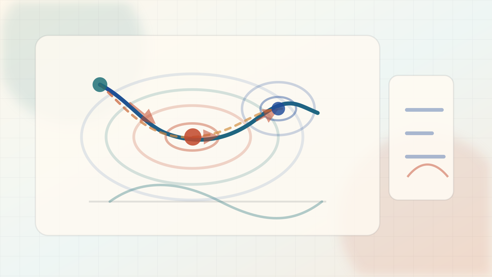 Editorial optimization illustration of contour loss basins, sharp and flat minima, and descent trajectories.
