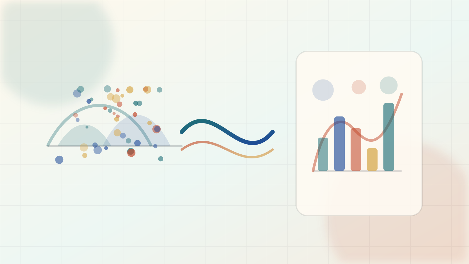 Editorial probability illustration of probability mass pushed through a random variable into PMF bars and density curves.