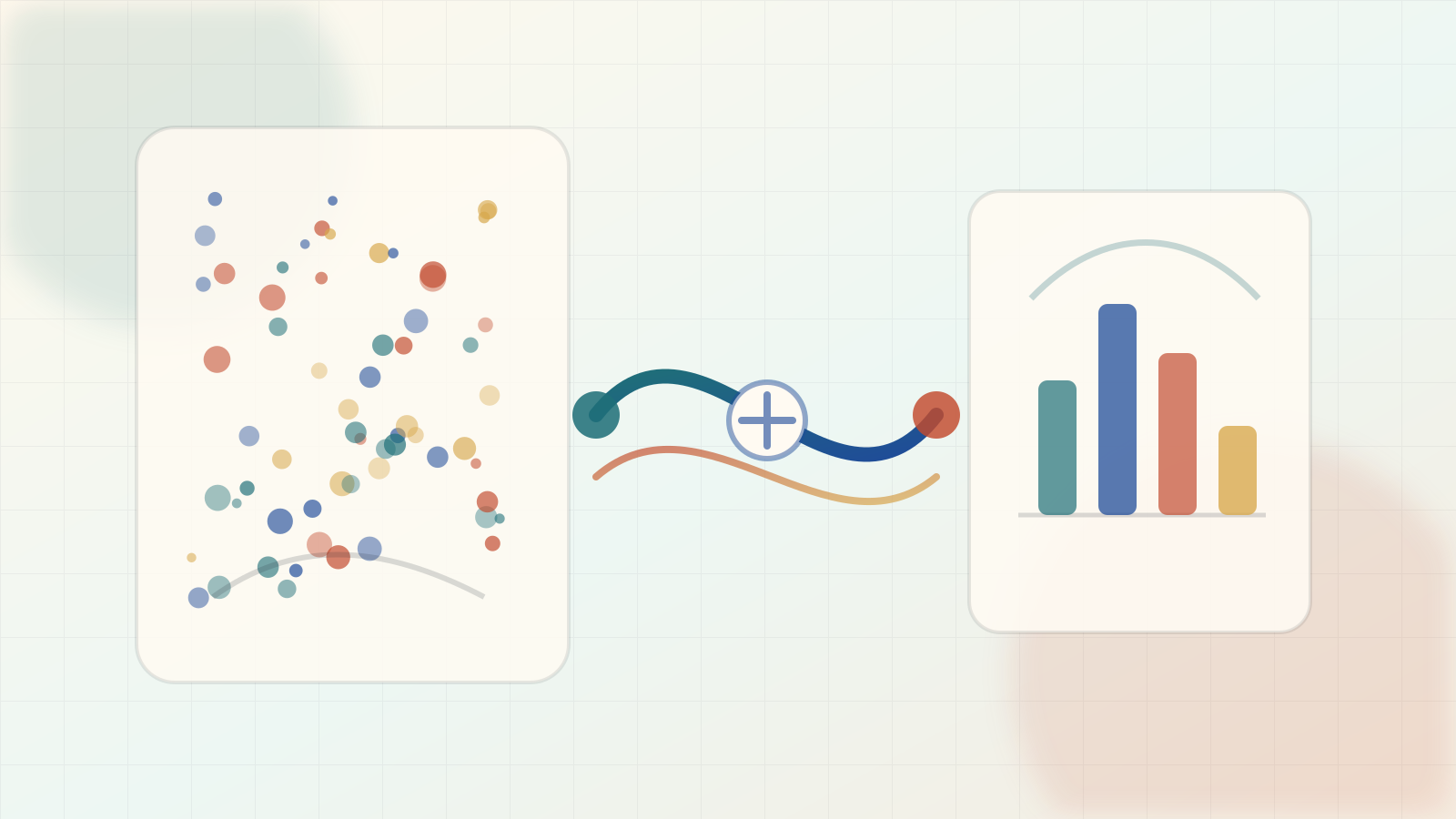 Editorial probability illustration of raw outcomes flowing through a measurement map into a discrete value distribution.