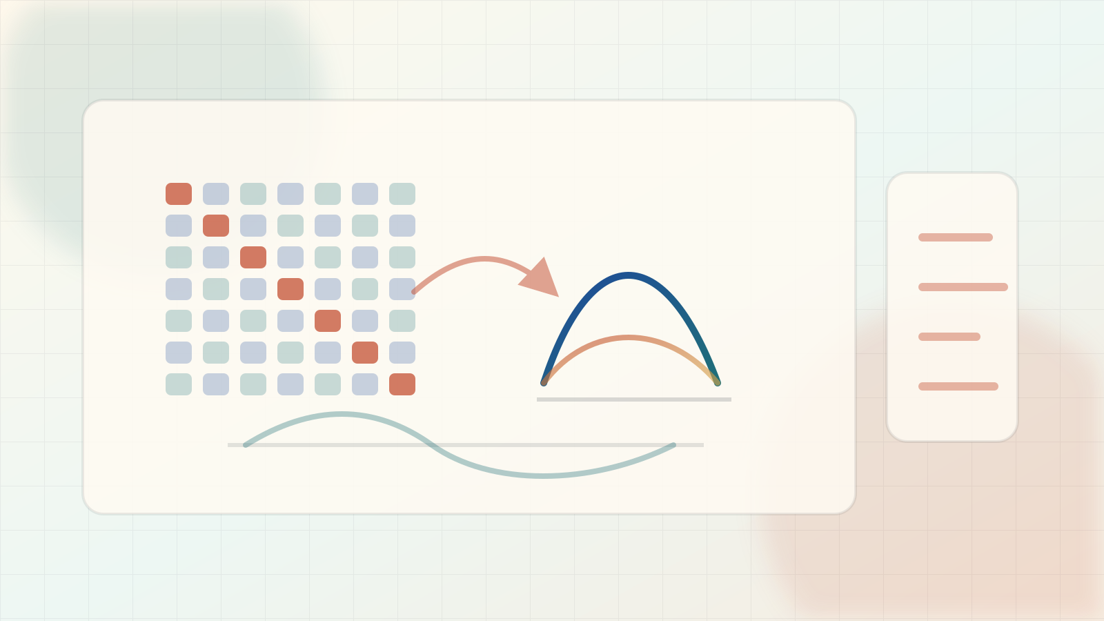 Editorial scaling illustration of a neural tangent kernel matrix, infinite-width curve, and function-space dynamics.
