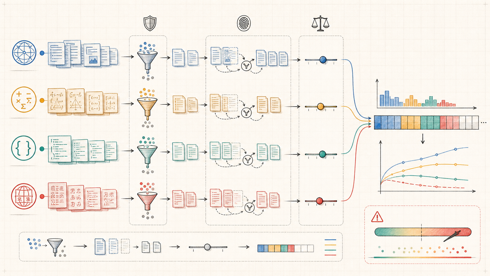 Notebook-style concept illustration showing raw web, math, code, and multilingual source streams passing through filtering, deduplication, mixture-weight controls, and separate leakage diagnostics into an effective token distribution.
