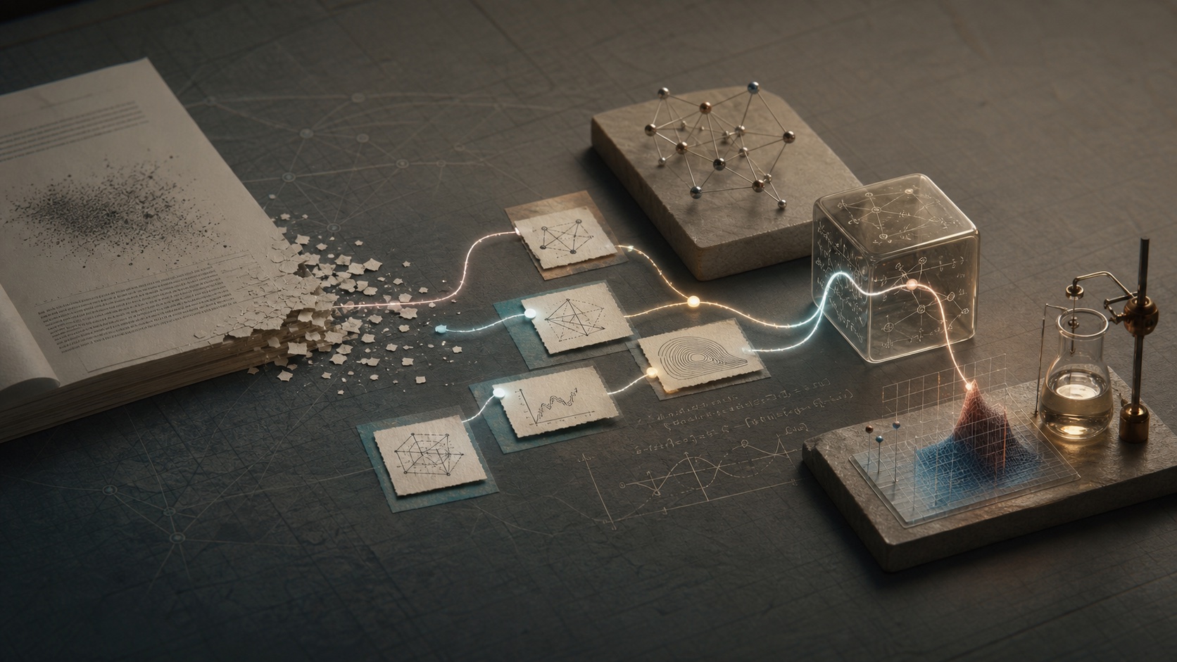 A research paper flowing into concept routes, equations, and an experiment surface.